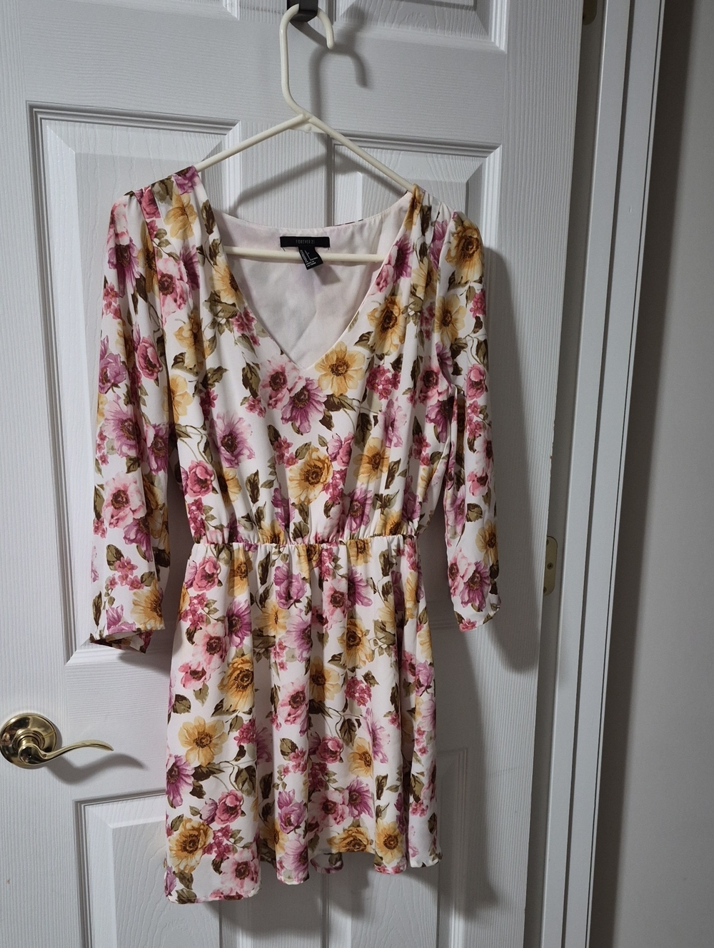 Forever 21 Pink & Yellow Floral V-Neck Mini Dress